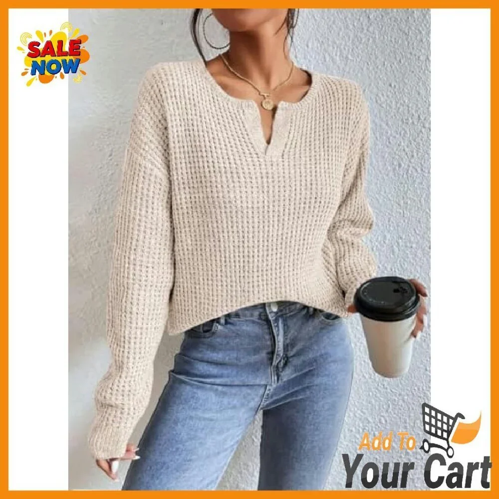 Women's V-Neck Pullover Sweater Drop Shoulder Long Sleeve Lightweight